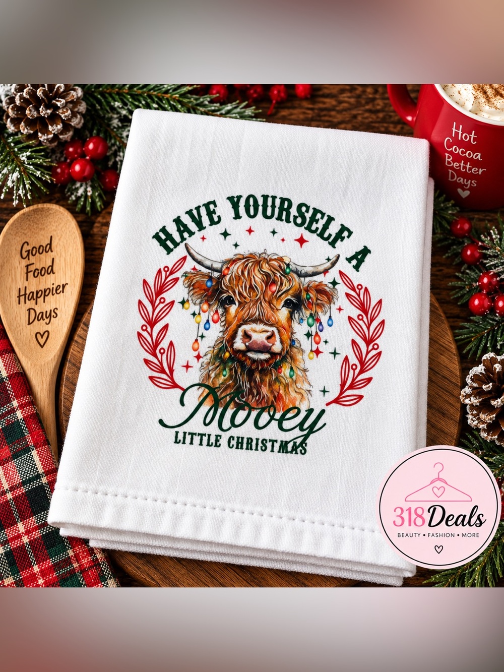 Have Yourself a Mooey Little Christmas Tea Towel - Brown Highland Cow